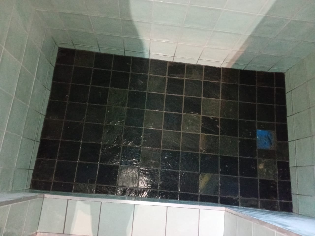 Shower enclosure with dark floor tiles and pale tiled walls
